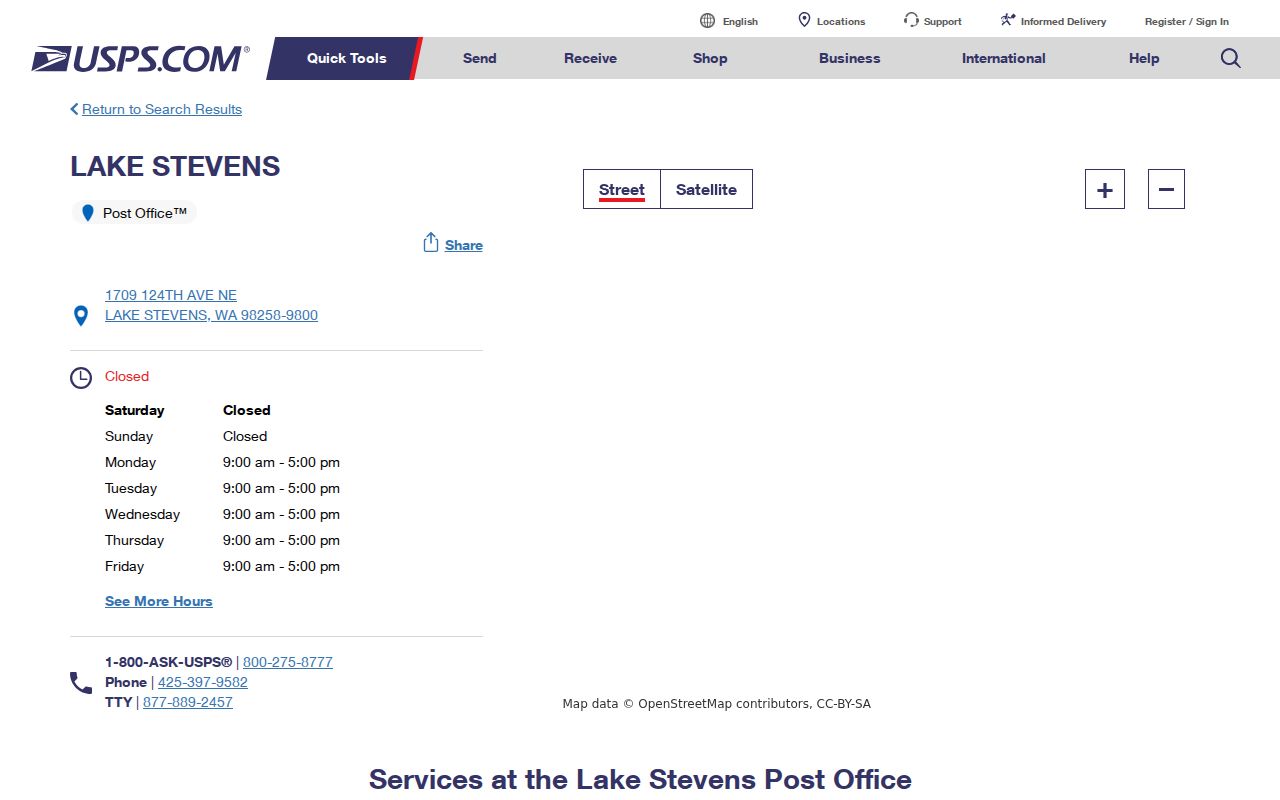 Lake Stevens ZIP code directory view of the USPS Post Office page